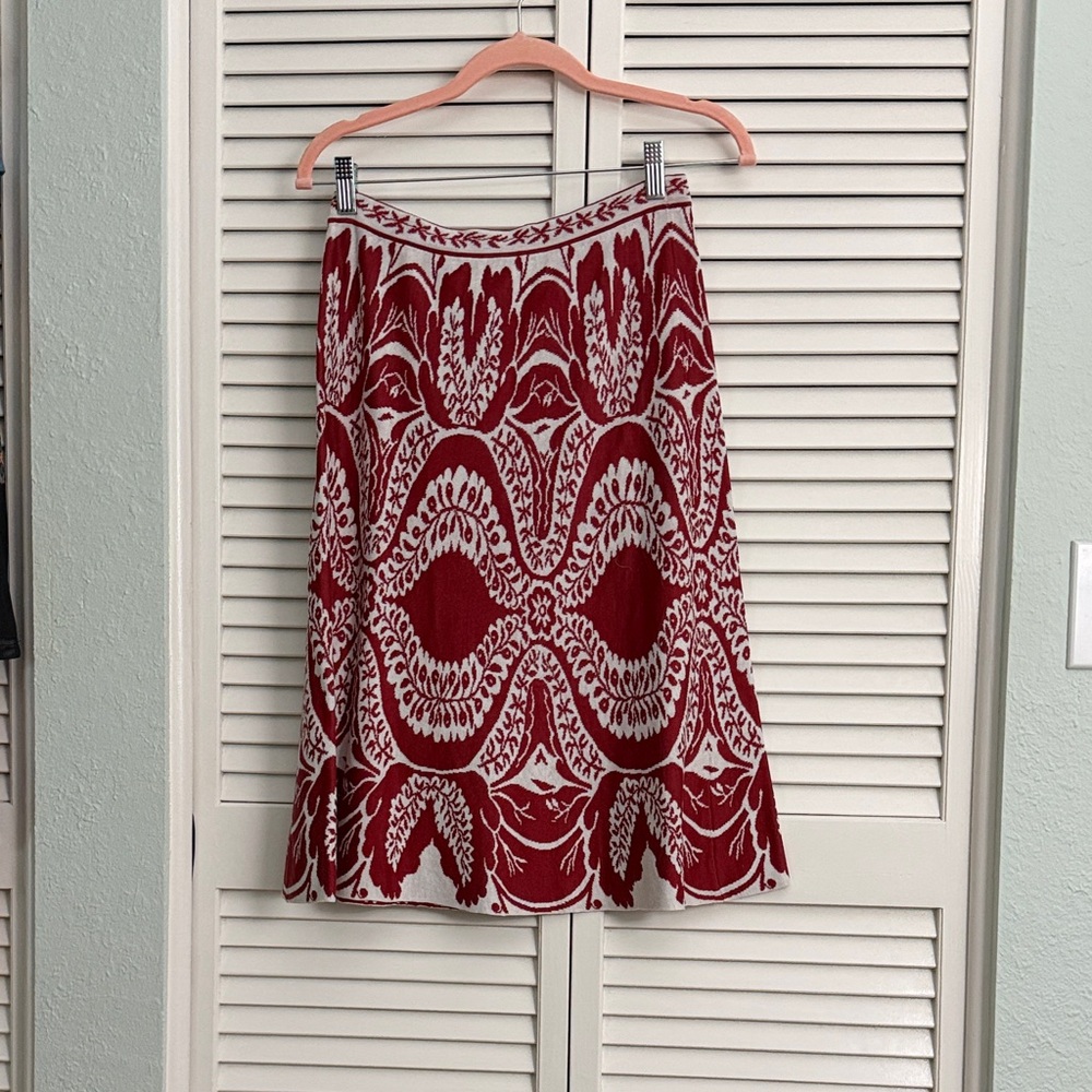 Peruvian Connection Red and White Midi Skirt with Graphic Pattern